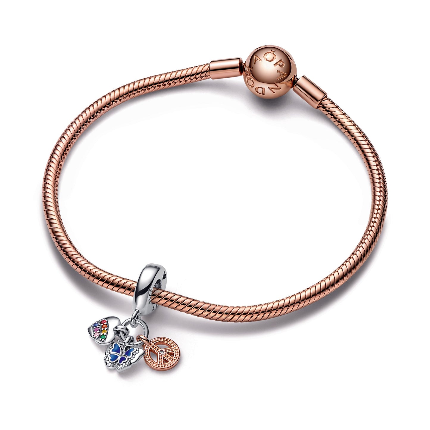 Pandora Two-Tone Rainbow Heart, Butterfly & Peace Triple Dangle Charm