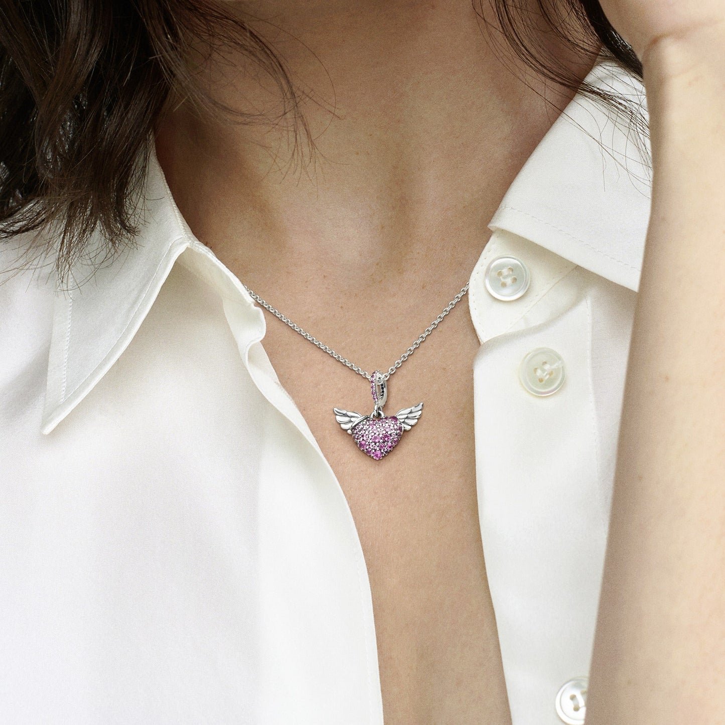 Pandora Pave Heart & Angel Wings Necklace