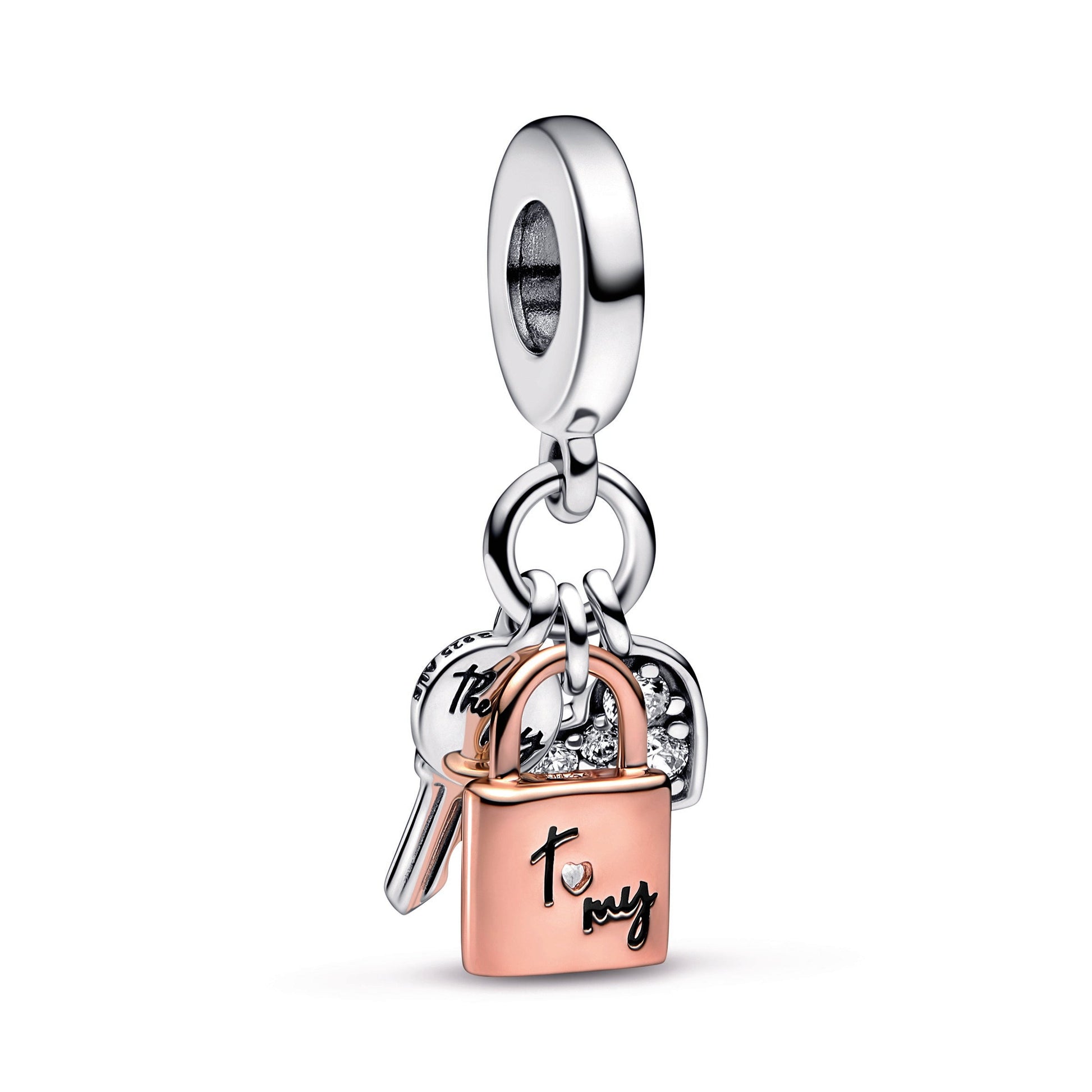 Pandora Two-Tone Key, Padlock & Heart Triple Dangle Charm
