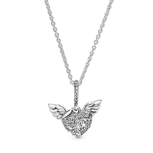 Pandora Pave Heart & Angel Wings Necklace