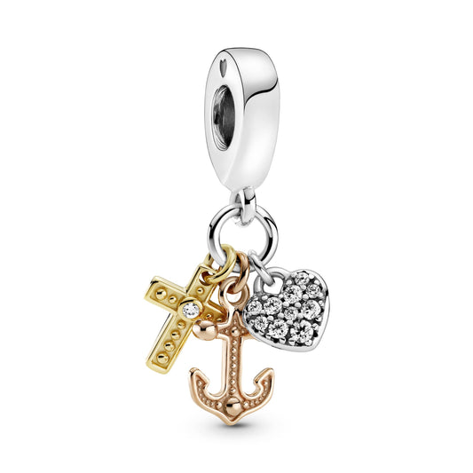 Pandora Triple-tone Cross, Heart, & Anchor Dangle Charm